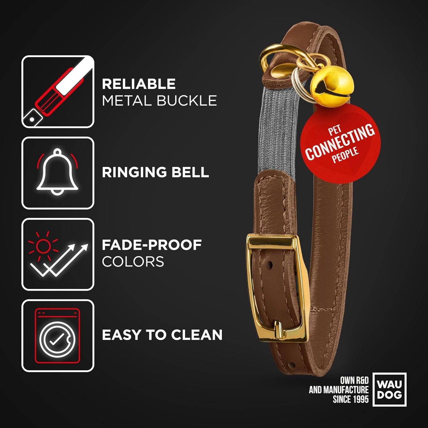 WAUDOG Ultra Soft Rolled Leather Cat Collar with Removable Bell, Safety Elastic Strap and QR ID Tag - Soft Padded for Small, Medium, and Large Cats - Round Kitten Collar for Male and Female Cats