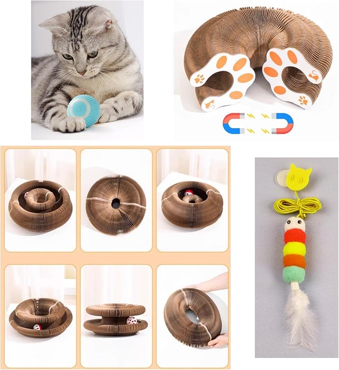 Kitty Curlz Interactive Cat Toy, Brown Accordion Kitty Curls Scratching Board with Paw Design, Bell Ball, Magnetic Collapsible Tunnel for Cats