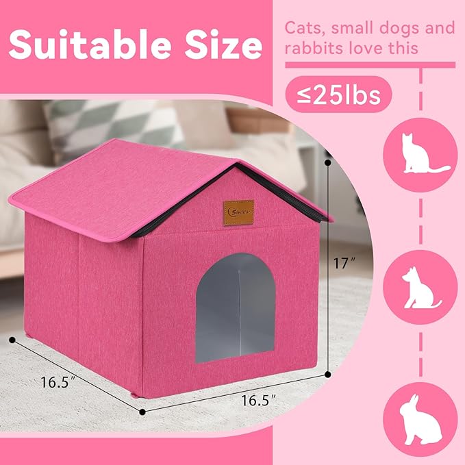 Outdoor Cat House for Shelter Feral Cat, Outside Waterproof Cat House for Outdoor/Indoor Cats, Insulated Cat Bed for All Seasons with Cozy Cushion (Rose Pink, Large Zip Style)