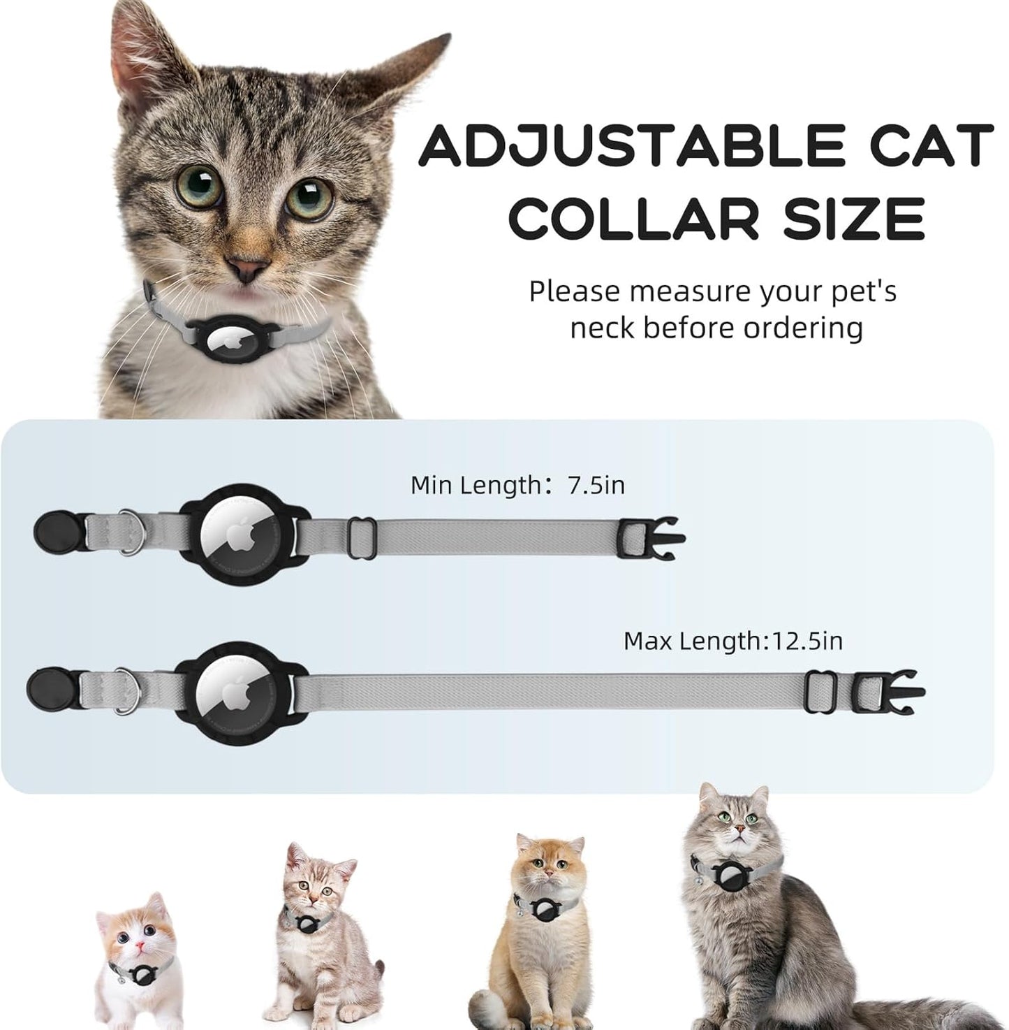 AirTag Cat Collars, Stretchy Collar with Apple AirTag Holder and Bell, Breakaway Ultra Design Elastic GPS Tracking Collars for Cats and Puppies, (7.5-12.5 Inch), Gray