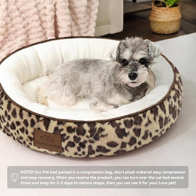 20in Leopard Round Cat Dog Bed Gift for Large Medium Small Dogs Cats, Machine Washable Sleeping Sofa, Non-Slip Bottom Breathable Soft Calming Pet Cuddler for Indoor/Outdoor/Car/Cage