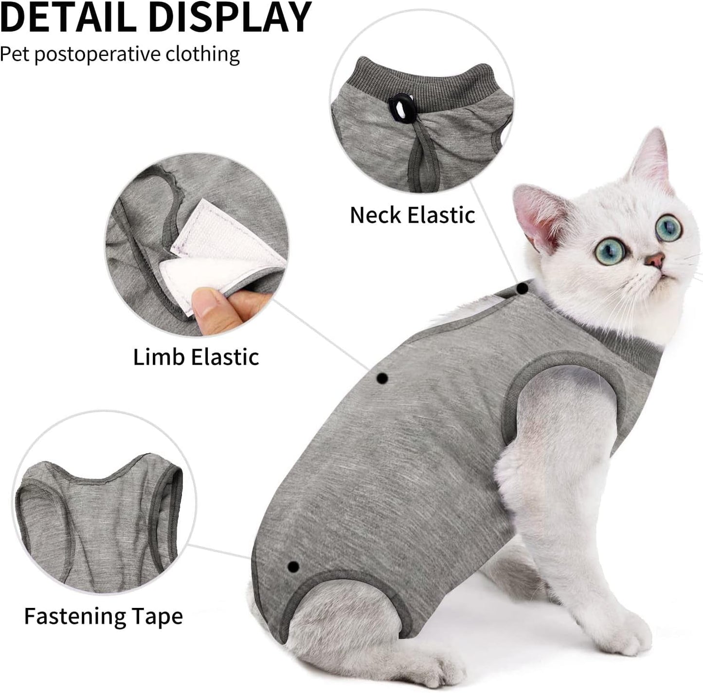 Kitten Onesies,Cat Recovery Suit for Abdominal Wounds or Skin Diseases,After Surgery Wear Anti Licking Wounds,Breathable E-Collar Alternative for Cat Grey S