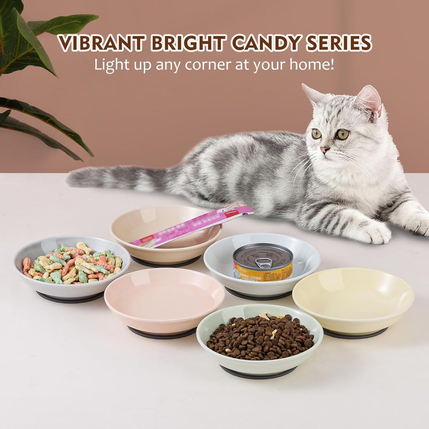 Ceramic Cat Food Bowl Set - 5.75 inch Colorful Cute Cat Dishes with Non Slip Pads - Wide Shallow Whisker Friendly - Microwave and Dishwasher Safe - 6 Pack - 8.5 oz