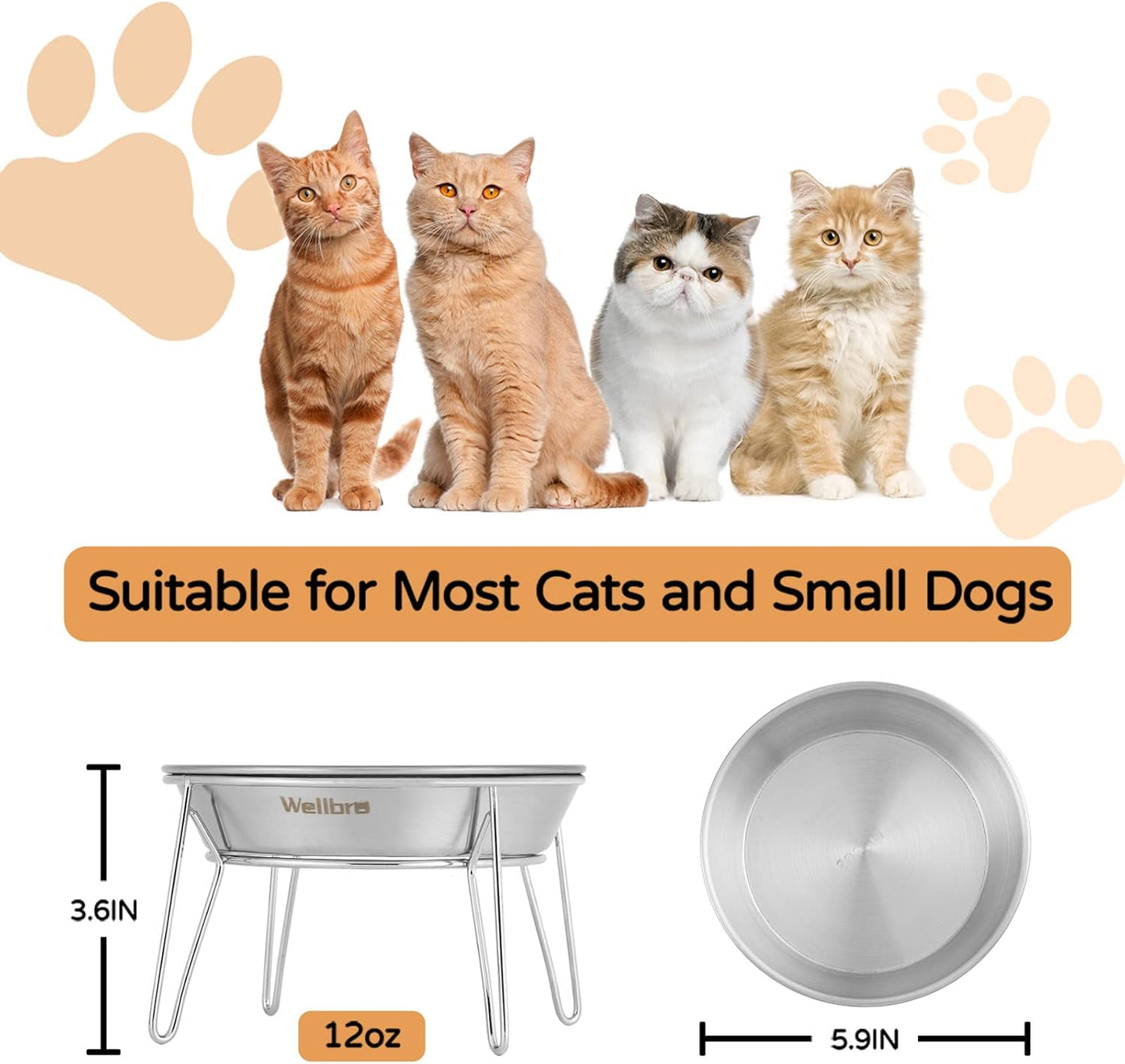 Cat Food Bowls, 4 Pcs Stainless Steel Cats Food and Water Whisker Fatigue Shallow Dishes, Small Dog Puppies Fat Faced Cat Kitten Supplies (4 Pack Raised Bowls)