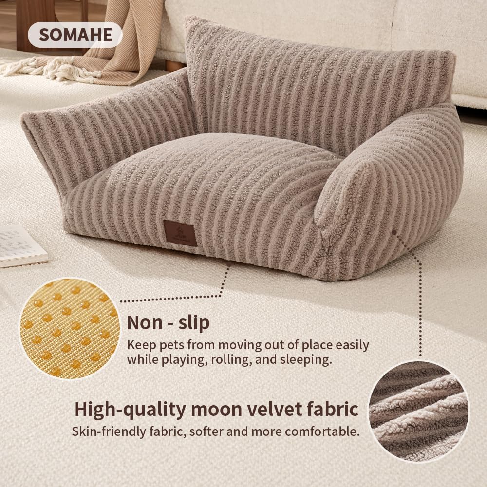 Cozy Couch for Cats Fluffy Pet Sofa with Premium Soft Fleece Fuzzy Cat Beds for Indoor Cat with Removable Washable Cover Supportive Pet Bed 24×18inch Coffee