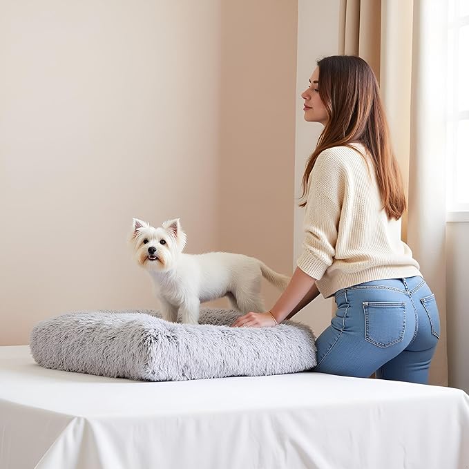 Fluffy Small Dog Bed, Washable Warm Winter Heated Calming Dog Crate Bed for Small Size, Supportive Plush Crate Pad for Dogs(18 * 12", Light Grey).