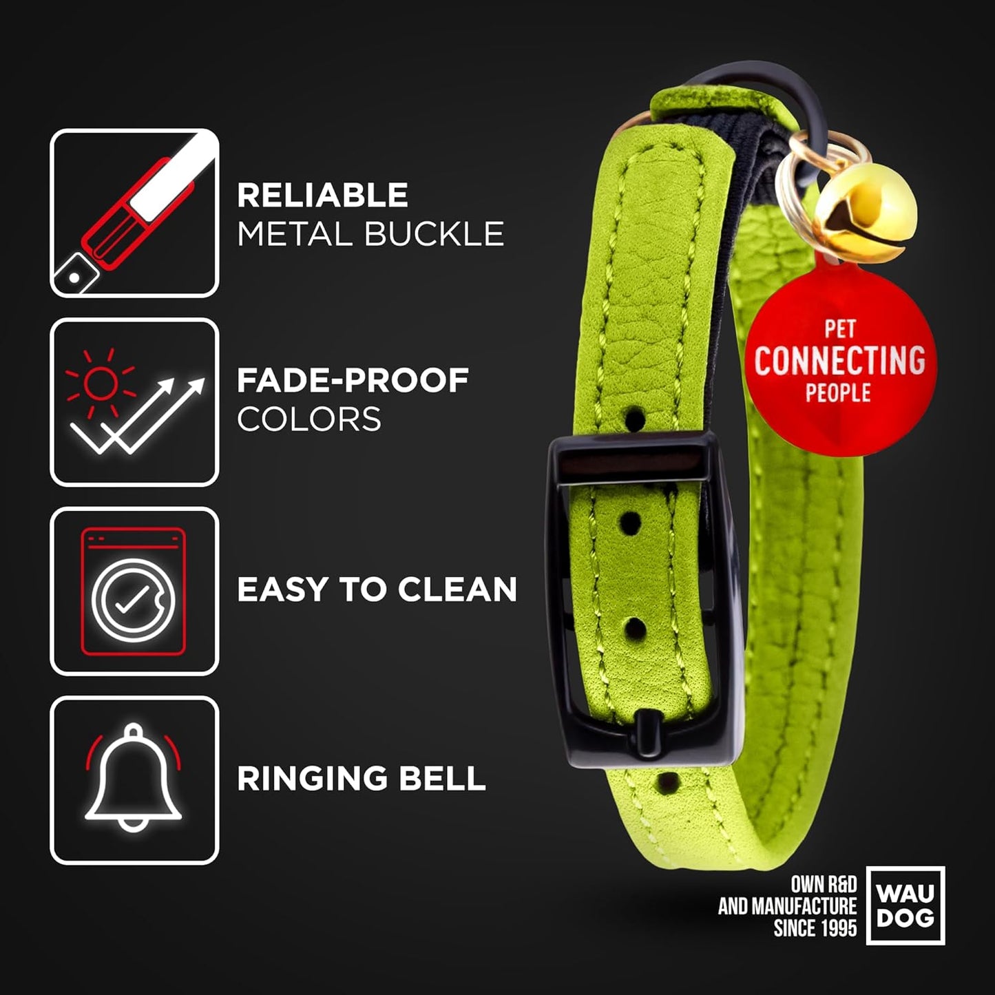 Leather Cat Collar with Bell and Safety Elastic Strap Breakaway Alternative for Small & Large Kittens, Stylish Pet Leather Collar for Boy, Girl Cats with Metal Buckle & QR ID Tag (Green)