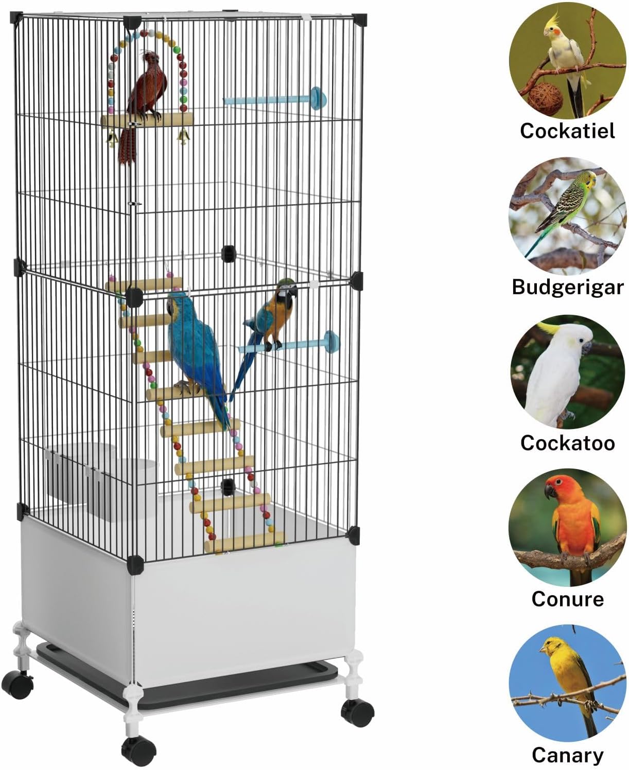 Medium Flight Bird Cage, Black Parakeet Cages with Rolling Stand & Wheels, Wide Birdcage for Parrots Cockatiels Conure Budgie Canary Finch Lovebird