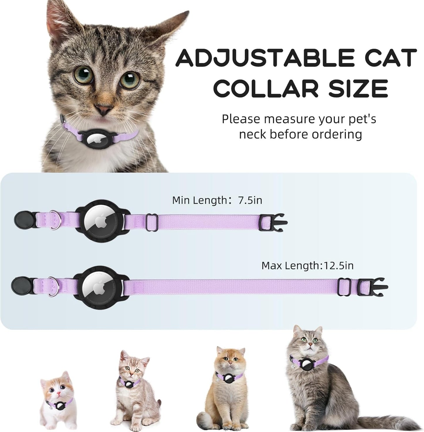 AirTag Cat Collars, Stretchy Collar with Apple AirTag Holder and Bell, Breakaway Ultra Design Elastic GPS Tracking Collars for Cats and Puppies, (7.5-12.5 Inch), Purple