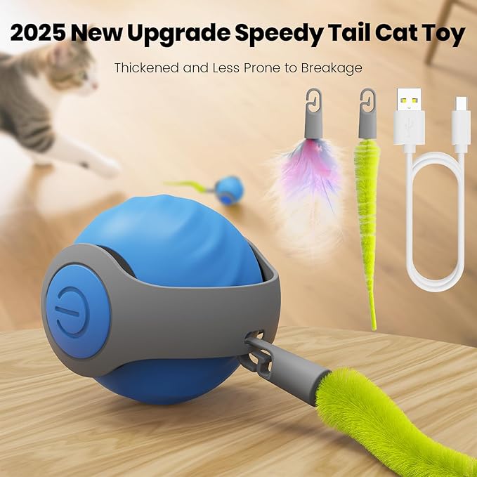 2025 New Speedy Tail Cat Toy for Bored Indoor Adult Cats, Interactive Pet Toy Ball with Tail, Smart Rolling Ball for Cats, Automatic Moving Ball Can Fast Rolling on Carpet (Blue)