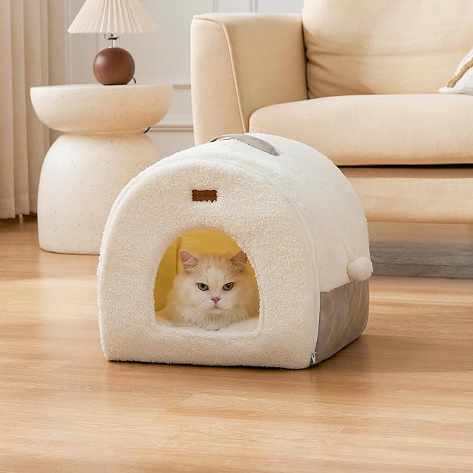 Cat Bed Cave for Indoor Cats - 2 in 1 Cat Hideaway Hut Fully Machine-Washable, Covered Kitten House Bed with Cushioned Pillow, Cute Small Pet Tent with Non-Slip Bottom, 15 Inches