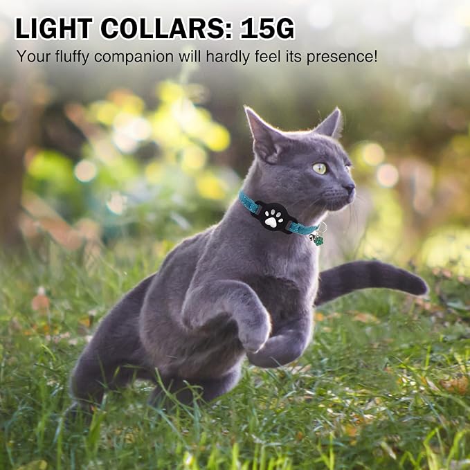 AirTag Cat Collar with Bells, Soft Velvet Cat Collar Breakaway with Airtag Holder, Safety Cat GPS Tracker Collars for Girl Boy Cats, Kittens and Puppies, Adjustable 8"-12"