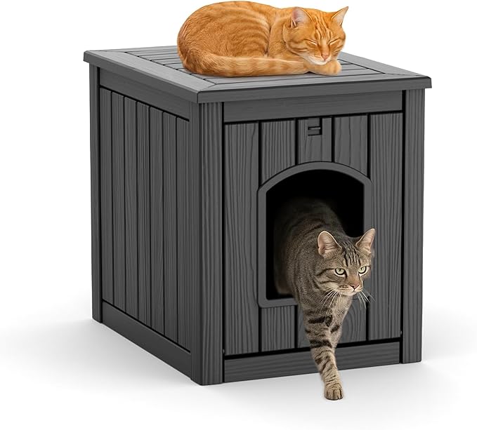 VIXZEN Cat House Resin Outdoor Cat House with Flip Lid Elevated Raised Floor Waterproof Easy Access Easy Assembly Easy to Clean Cat Houses for Outdoor Cats,Black