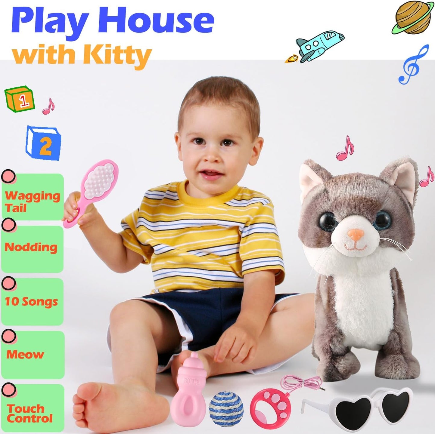 Gray Walking Cat Set Singing That Purrs and Meows Animated Plush Robot Kitten with Leash Moving Plush Stuffed Animal Remote Control Cute Kawai Robotic Kitty Electronic Kitten Toy for Girl Kid
