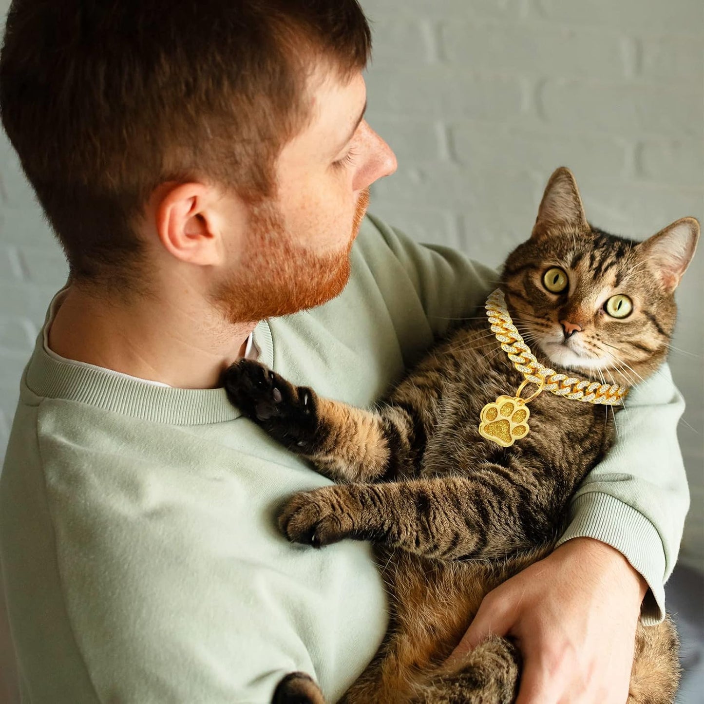 Hillban Cat Collar Diamond Chain Glitter Collar Walking Metal with Secure Buckle Cat Pet Necklace with Paw Charm and ID Tag Bell Link Cuban Jewelry Accessories(8 Inch,Gold)