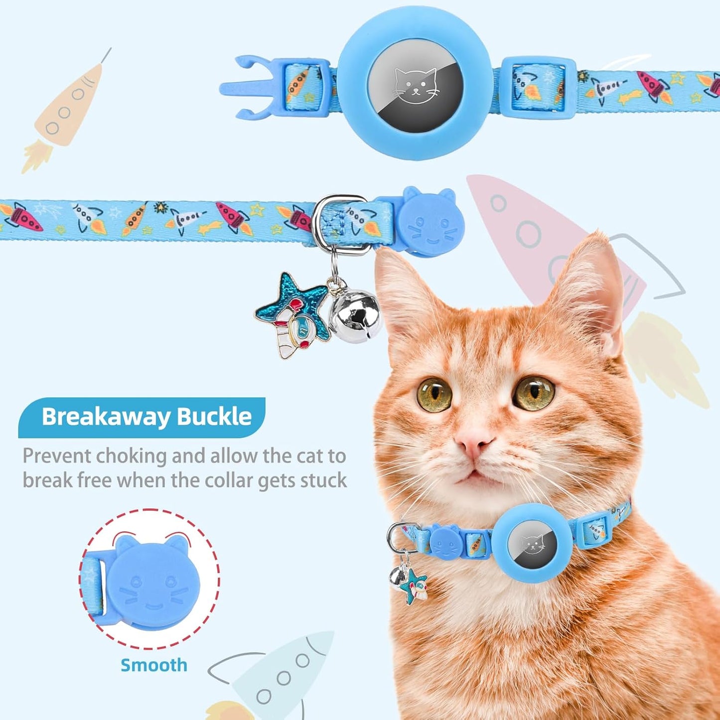 PUPTECK Airtag Cat Collar Breakaway 2 Pack with Bells, Reflective Kitten Collar with Air Tag Holder for Boy Girl Kitty and Puppies, Soft, Blue