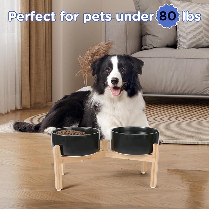 SPUNKYJUNKY Elevated Dog Bowls Ceramic, 7.3'' Dogs Food Water Bowls Raised with Non-Slip Bamboo Stand for Medium to Large Sized Breed Microwave Dishwasher Safe - 42 OZ,Black