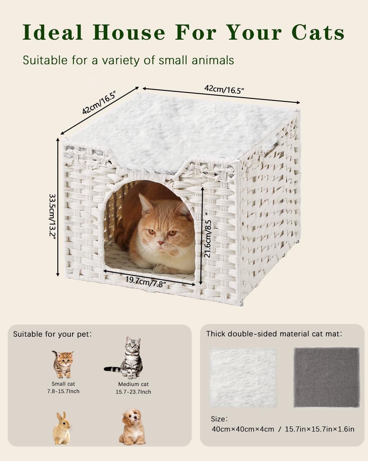 Cat Beds Indoor Kitten House, Handwoven Rattan Cat Cave Pet Cube, Large Cat Houses, One Bed Mat, Foldable, Hideaway, 16.5x16.5x13.2 Inches, 2 S-Shaped Hooks in Living Room Bedroom Gray