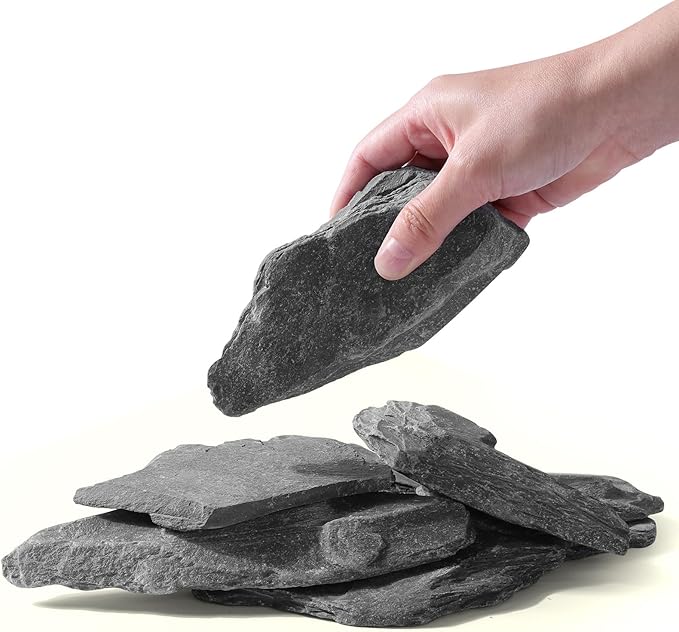 Natural Slate Stone Rocks with Special Liquid Glue, Mix of Rocks 3-6 inches and 1 Piece 8-10 inches, PH Neutral Stone for Aquascaping Aquariums, Paludariums, Reptile Enclosures (4.1 - 4.6 lbs)