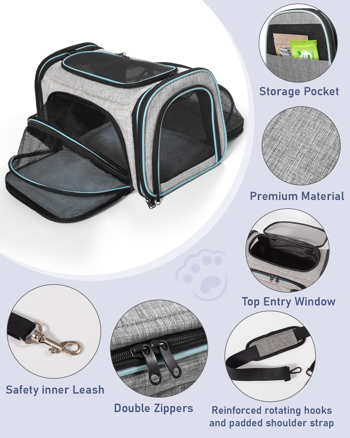 Siivton Cat Carrier,4 Sided Expandable Pet Carrier for Travel,Collapsible Soft-Sided Carriers with Removable Fleece Pad and Shoulder Straps,Airline Approved(17.5"x 11"x 11")