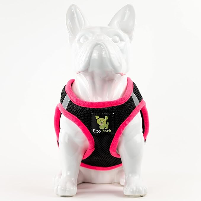 EcoBark Step in Dog Harness - Eco-Friendly Small Breed Dog Harnesses for XS and Small Dogs - Reflective and Adjustable Mini Body Halter Vest - Soft Mesh Toy Breed Harness (Black and Pink, Small)