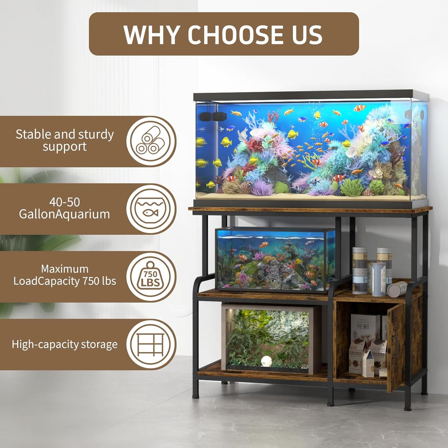 40-50 Gallon Fish Tank Stand,750 lbs Capacity Aquarium Stand,Heavy-Duty 3-Level Reptile Stand with Built-in Storage,36.8×15.7×31.5" Steel Terrarium Stand (Greige)