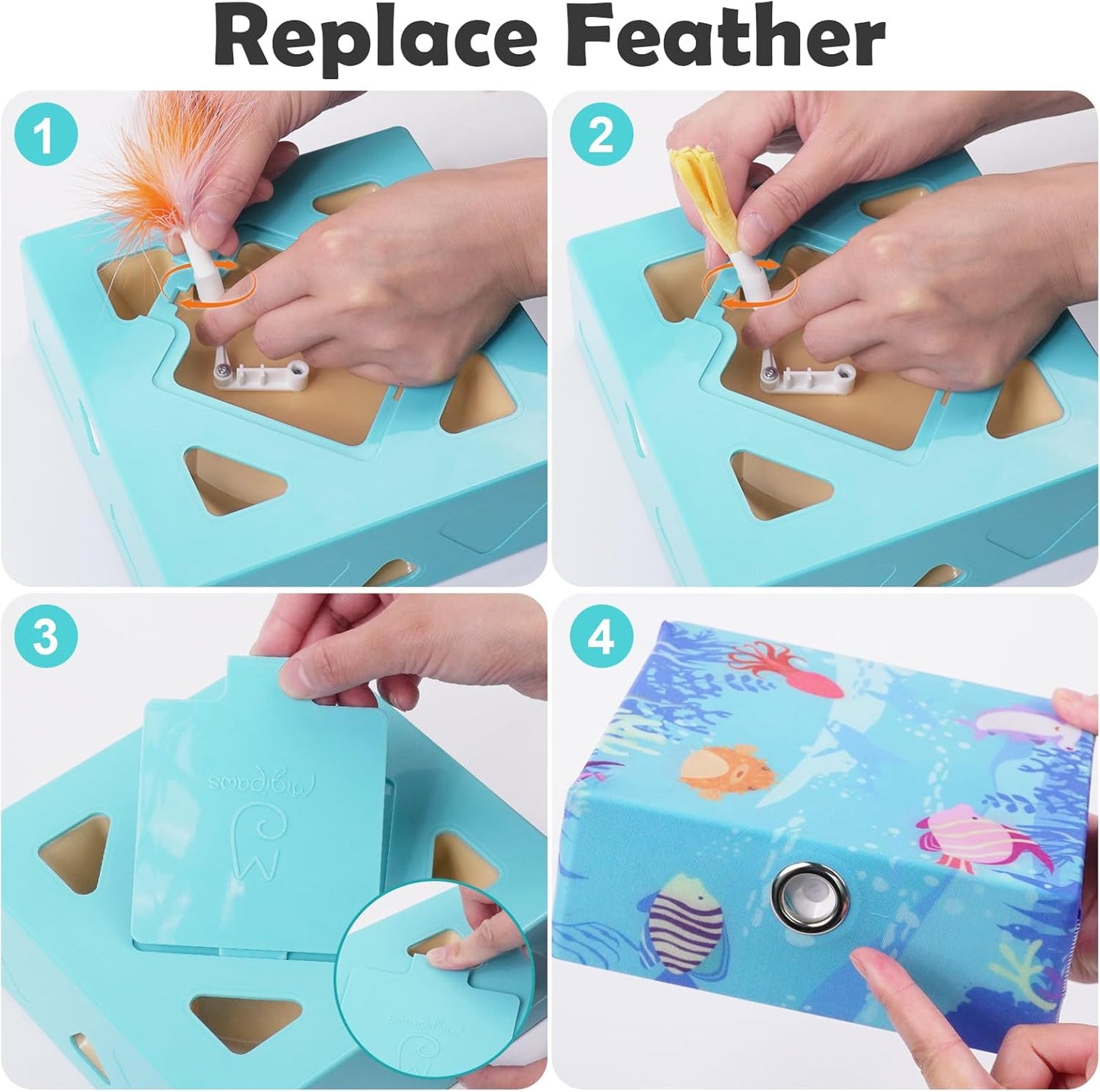 Migipaws MigiBox Cat Toy with PopSkin, Interactive Kitten Toy for Indoor Cats, Automatic Pop Out Feathers from 7 Holes Randomly, Pounce Mystery Under Cover to Stimulate Bored Furry, Rechargable