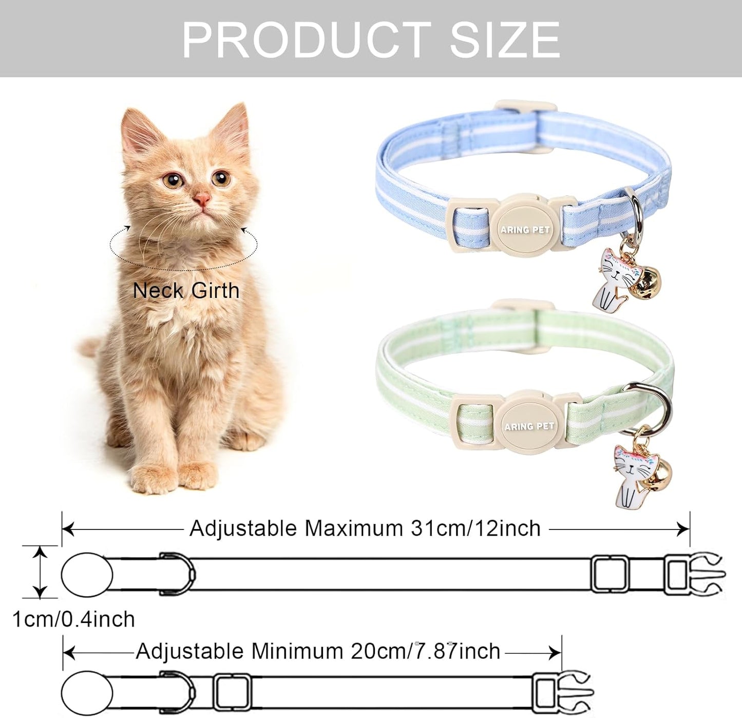 ARING PET 2 Pack Cat Collar-Cute Cotton Cat Collar Breakaway with Bell & Pendant, Adjustable Blue Green Striped Kitten Collars with Safety Buckle for Girl and Boy Pets