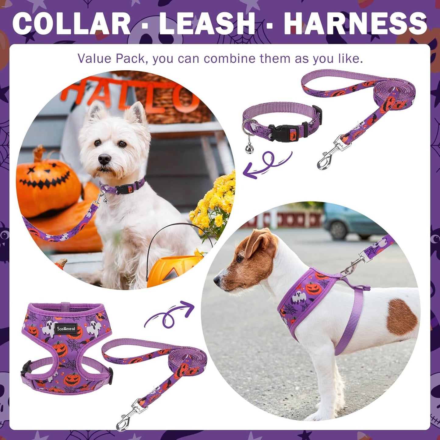 SCENEREAL Halloween Small Dog Harness Collar and Leash Set, Adjustable No Pull Pet Harnesses, No Chock Soft Mesh Step in Vest Costume for Doggie Puppy Dogs Cats Girl Boy Outdoor Walking