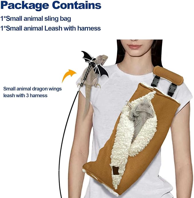 Adjustable Fluffy Bearded Dragon Sling Carrier Bag, Reptile Carrier with Leash Harness Lizard Cage Accessories for Small Animal, Kitty, Ferrets, Squirrel, Hamsters,Parrot (Caramel)