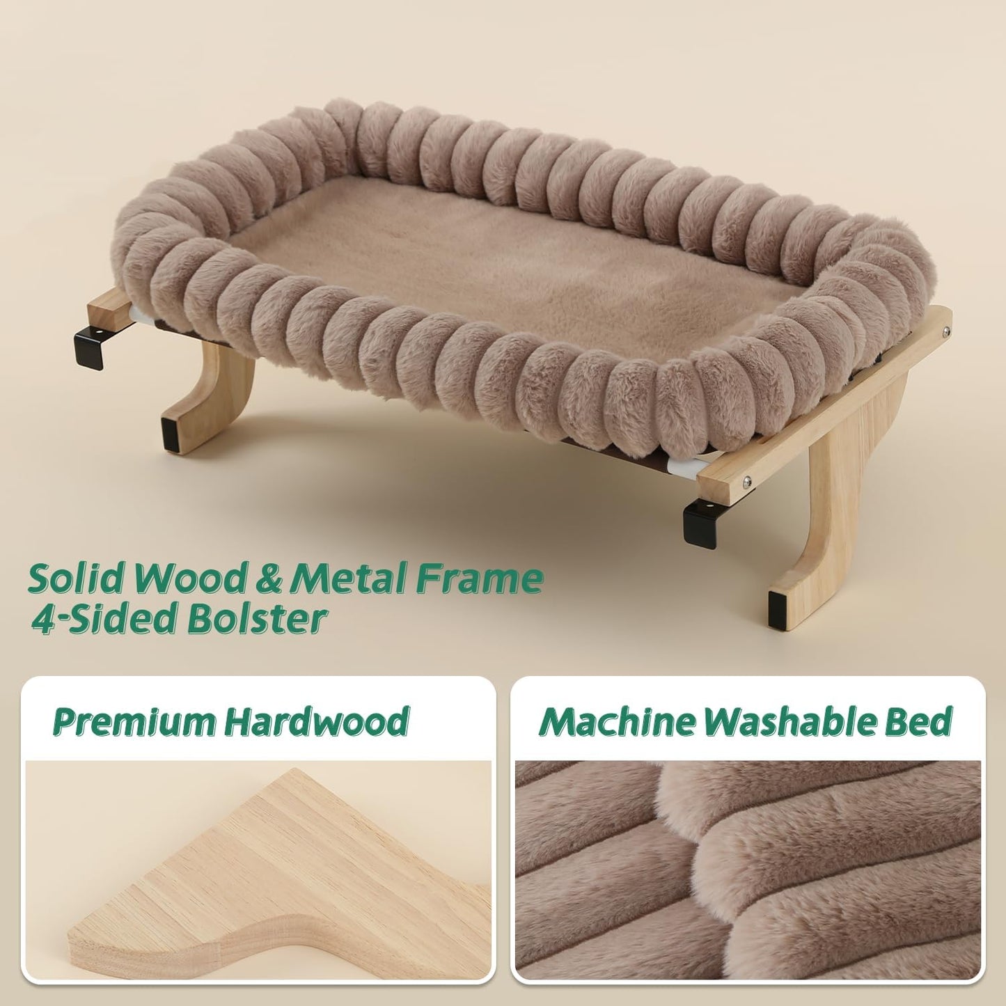 Zakkart SnugCloud Cat Window Perch with 4-Sided Bolster - Orthopedic Cat Hammock for Window Sill - Solid Hardwood & Metal Frame - Window Seat for Pets (Natural Color Wood w/Brown Bed, Medium)