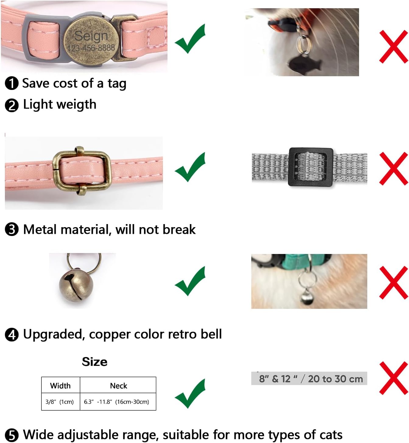 Cat Collar Breakaway, Personalized Leather Cat Collar with Bells-Adjustable Customized Collar with Name & Phone Number Tag for Girl Boy Cats -Quick Release Buckle for Cats & Kittens (Pink)