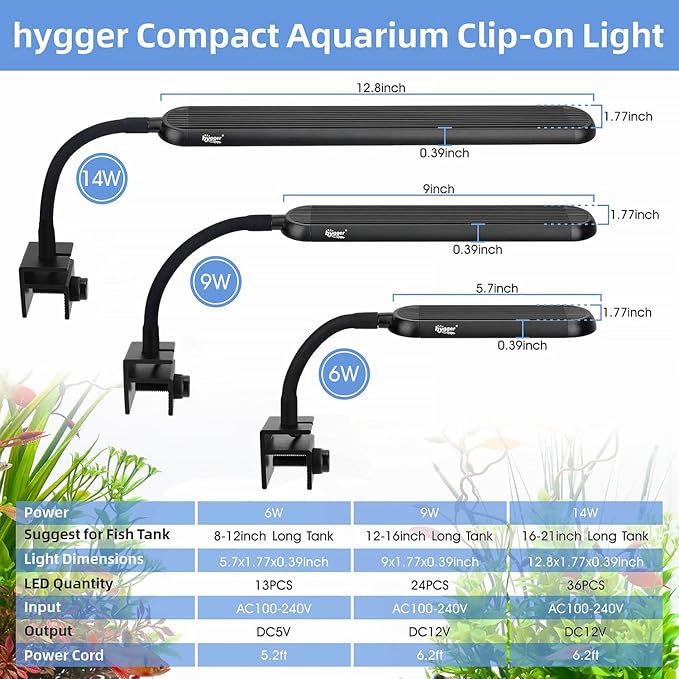 hygger 5-10 Gallon Nano Tank Mini Clip-on Aquarium Light with White Blue Red LEDs Fish Tank Lighting Built-in Timer 5 Brightness Levels 9W