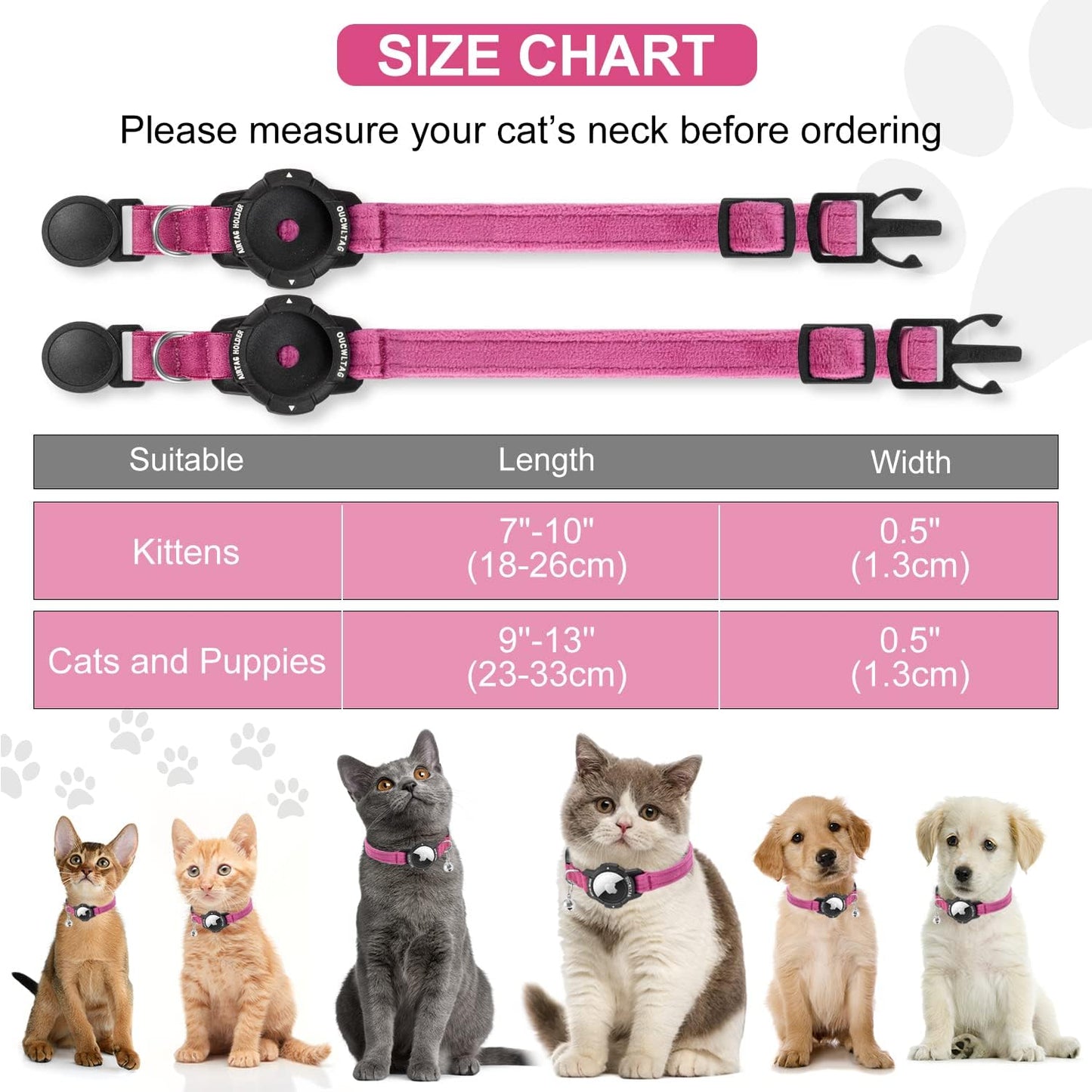 Luminous AirTag Cat Collar Breakaway, OUCWLTAG GPS Cat Collar with Apple Air Tag Holder, Cat Tracker Collars with Safety Elastic Band for Girl Boy Cats, Kittens and Puppies (Pink, 9-13 Inch)