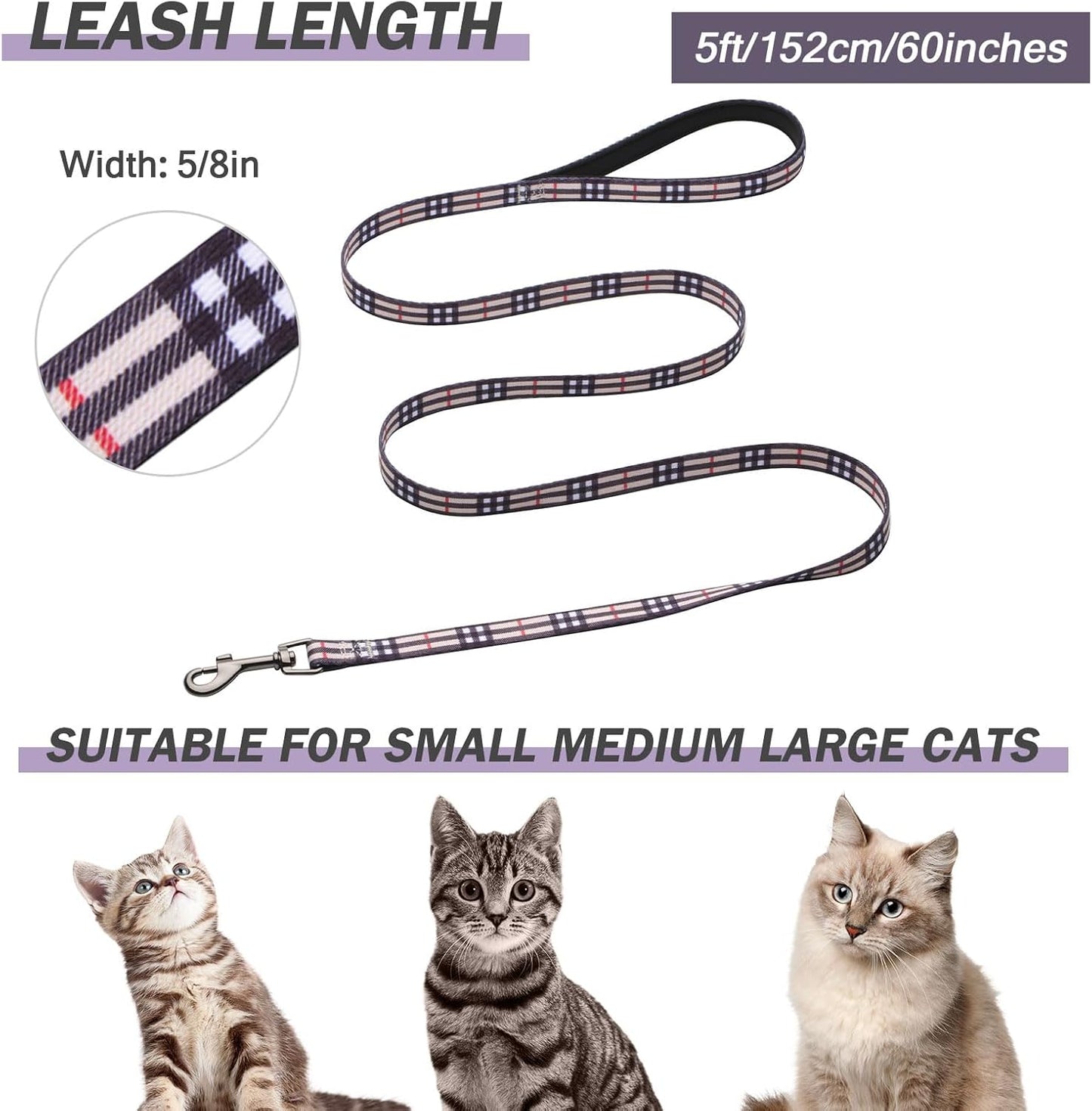 Hikiko Cat Harness and Leash Set Escape Proof Adjustable Walking Travel Soft Kitten Harness for Small Medium Large Cats (Khaki Plaid, M)