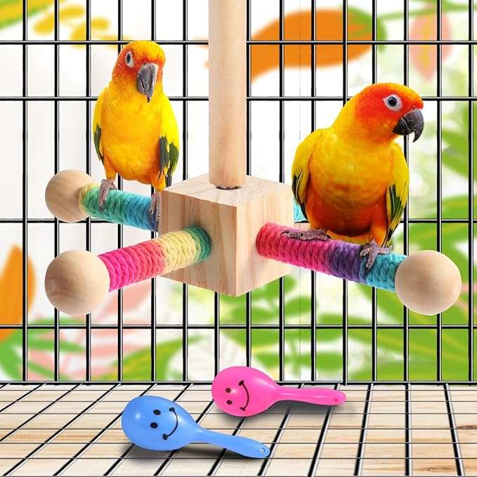 Kyouki Bird Perch Toy Parakeets Toy for Small & Medium Parrots - 360ยฐ Spinning Stand for Conures, Cockatiels, Lovebirds,Quakers | Colorful Sisal Rope Spinning Toy (Colorful, Medium Size)