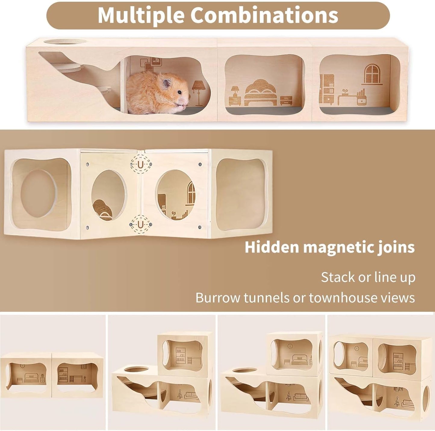 Marchul Hamster Hideout Wooden House Chamber Small Animals Pets Tunnel Exploring Toys for Dwarf Hamsters, Syrian Hamsters, Gerbils, Hedgehogs, Rats, Mice (Study Room)