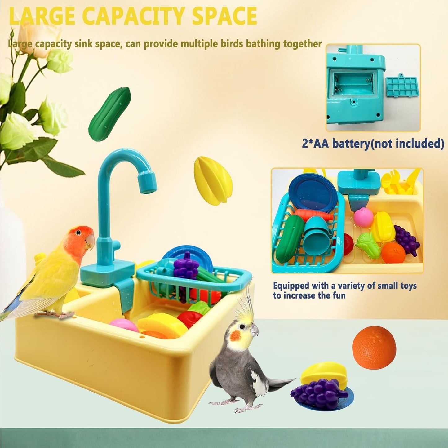 kathson Parrot Bathtub,Automatic Bird Shower Box,Multifunctional Parakeet Bathtub with Faucet,Bird Bathing Tub Pool Toy for Small Medium Birds Cockatiel Lovebird Budgie,Yellow