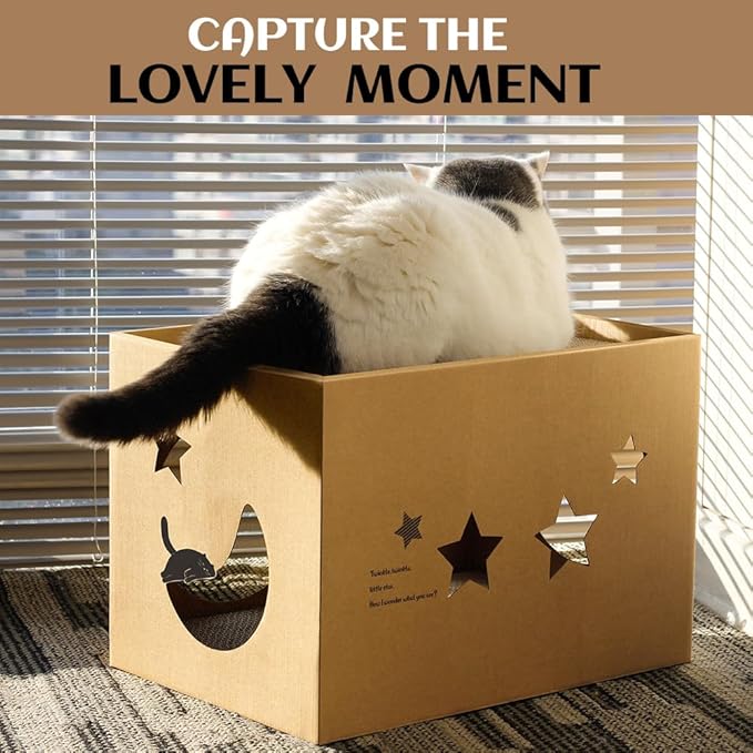 Cat Cardboard House with 2 PCS Scratching Pads,Large Cat Scratcher Bed Cat Scratchers Lounge for Indoor Cats with Corrugated Board Detachable Cat Scratcher Box for Cats.(Star)