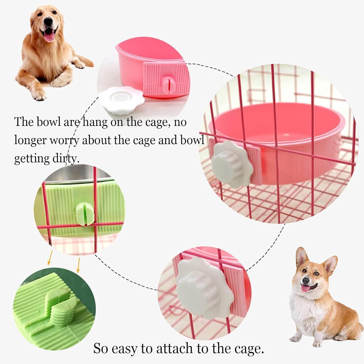 kathson Crate Dog Bowl, Removable Stainless Steel Hanging Pet Cage Bowl Food & Water Feeder Coop Cup for Cat, Puppy, Birds, Rats, Guinea Pigs (6 PCS, Size: L, 2×Blue,2×Green,2×Pink)