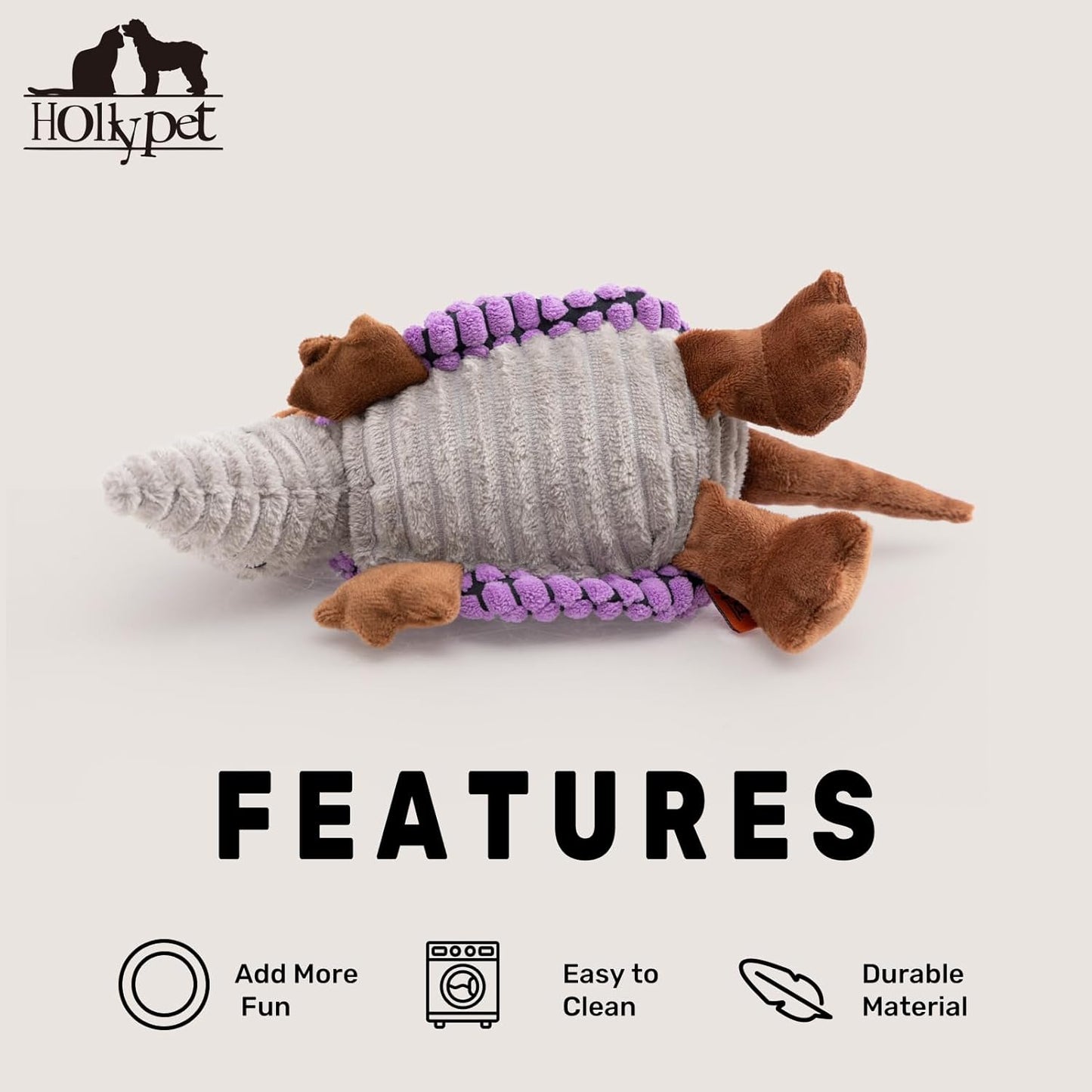 Hollypet Plush Dog Squeaky Toy Stuffed Armadillo Animal Pet Puppy Chew Toys with Clean Teeth for Small Medium Large All Breed Sizes Dogs, Purple, 8 in