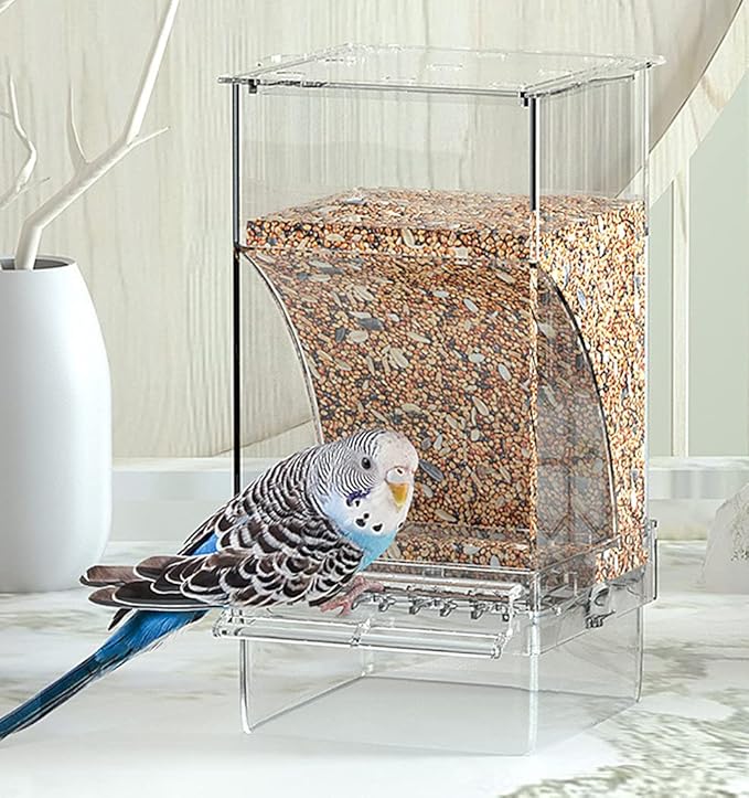 Kenond No Mess Bird Feeder Water Dispenser Set, Automatic Parrot Feeder Cage Accessories, Clear Parakeet Seed Container Food Drinker for Cage, Cockatiel Finch Lovebirds Budgies Canary (Blue)