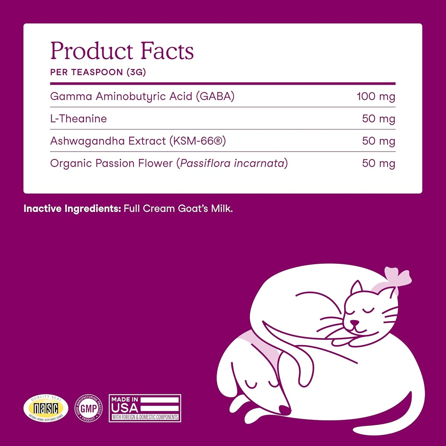 Fera Pets Goat Milk - Calming Supplement for Dogs & Cats - Ashwagandha, L-Theanine, & Passion Flower - Supports Anxiety Relief & Relaxation - for Picky Eaters - 60 TSP