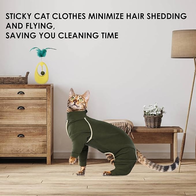 Cat Onesie - Army Green, Soft & Breathable Cat Pajamas for Sizing S. Surgery Suit & Hair Spreading Prevention