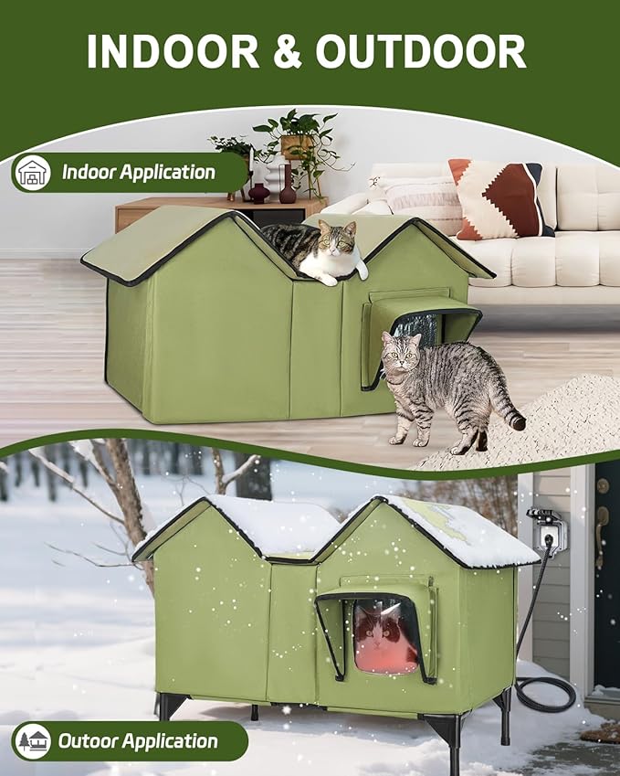 Extra Large Heated Cat House for Outside, Elevated Waterproof Outdoor Cat House Weatherproof for Winter, Insulated Outdoor Cat Shelter with Escape Doors and Heating Pad for Multiple Cats, Green