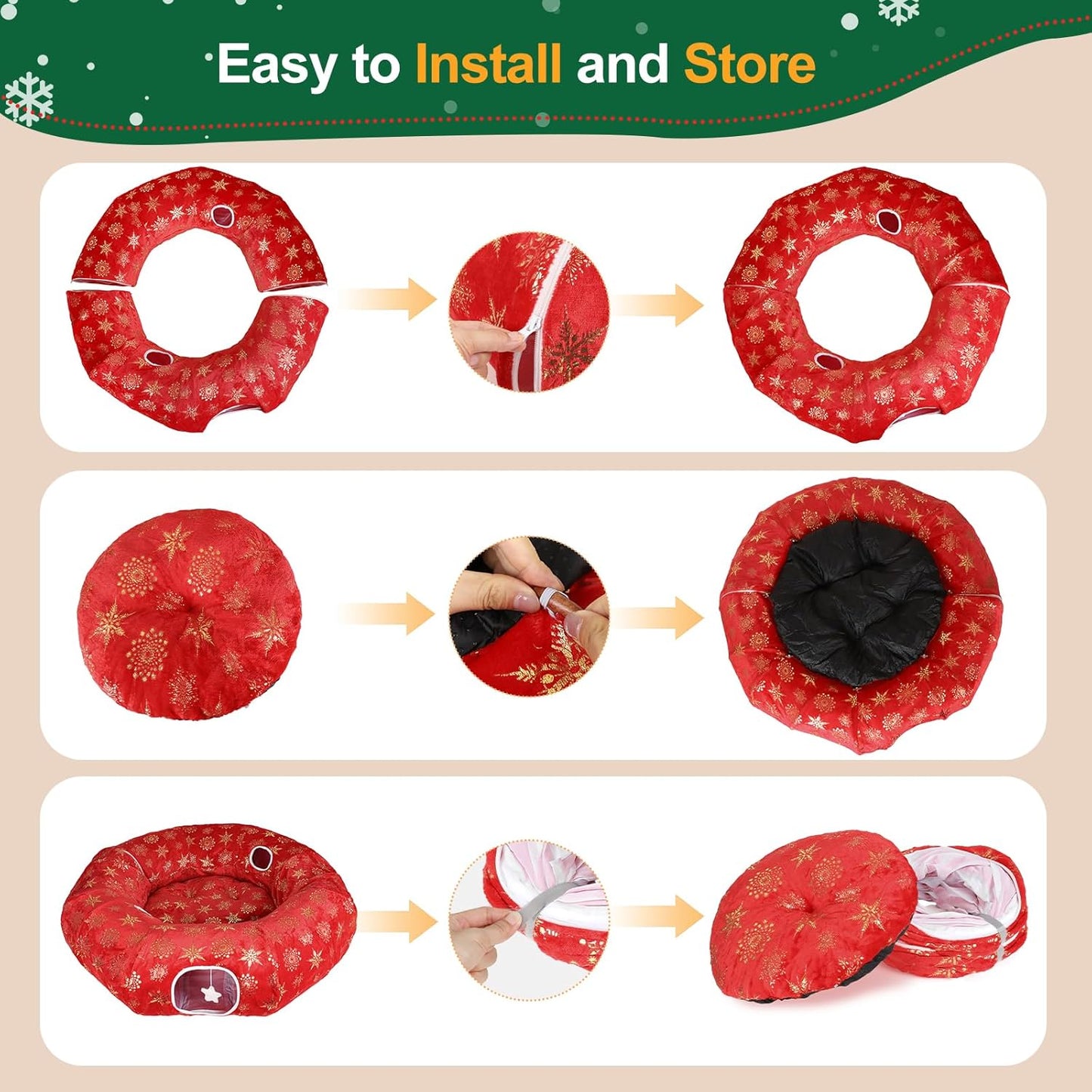 Cat Tunnel Bed for Indoor Cats, XL Christmas Tree Skirts Washable Warm Soft Indoor Cat Donut Tunnel, Multifunctional Cat Interactive Playground Toys for Felines Pet Christmas Tree Decoration