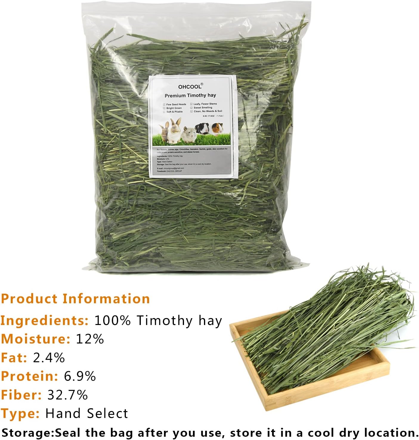 Timothy Hay 2.2LBS - Premium Hay for Rabbits Tortoise Guinea Pig Chinchilla - Dust Free Natural Fresh Hay (1.1 lbs, 2 Pack)