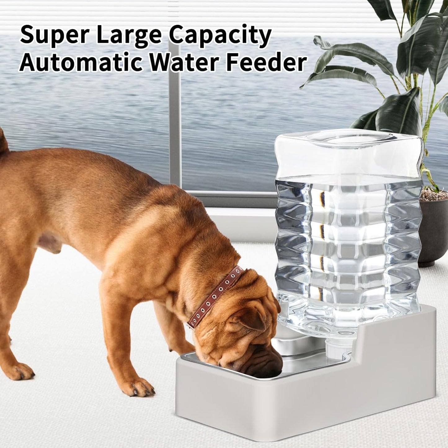 RIZZARI Stainless Steel Pet Water Feeder: 8.5L Beige Automatic Leak-Proof Gravity Dispenser for 30-60 LB Dogs with Spine Problems - Without Filter - for Living Room Kitchen