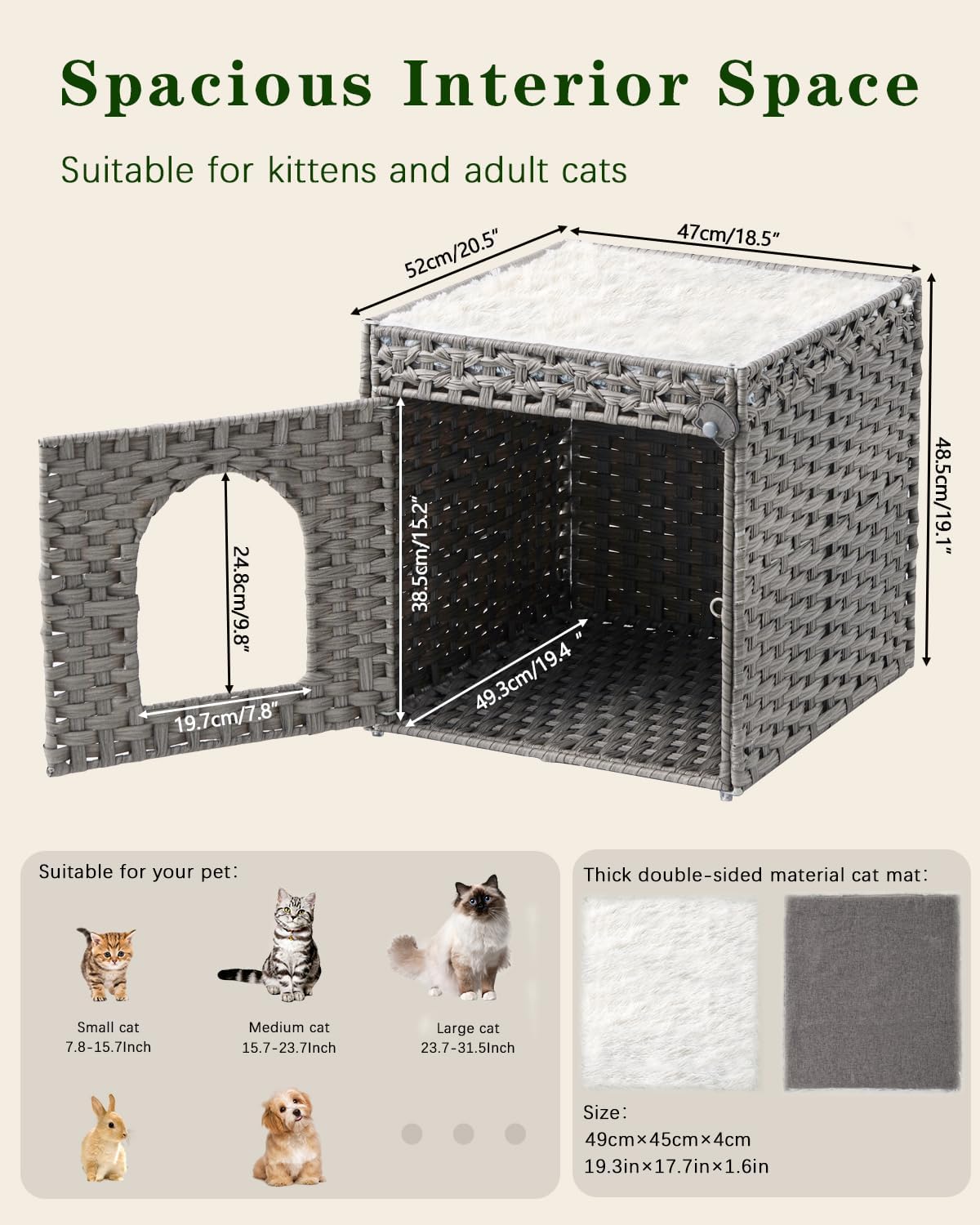 Cat Beds for Indoor Cats Extra Large Double Cat Cave Pet Cube, Handwoven Rattan Cat Houses with Double-Sided Soft Cushions, 18.5 x 20.5 x 19.1 Inches Foldable Hideaway in Living Room Gray