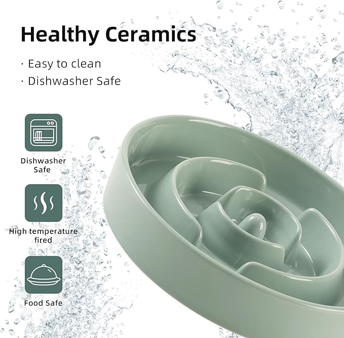 9.5inch Ceramic Slow Feeder Dog Bowl for Large Dog, Puzzle Food Dish, Anti-Gulping, Pet Slow Feeder, Stop Bloat, Preventing Choking (Single Bowl-Light Green)